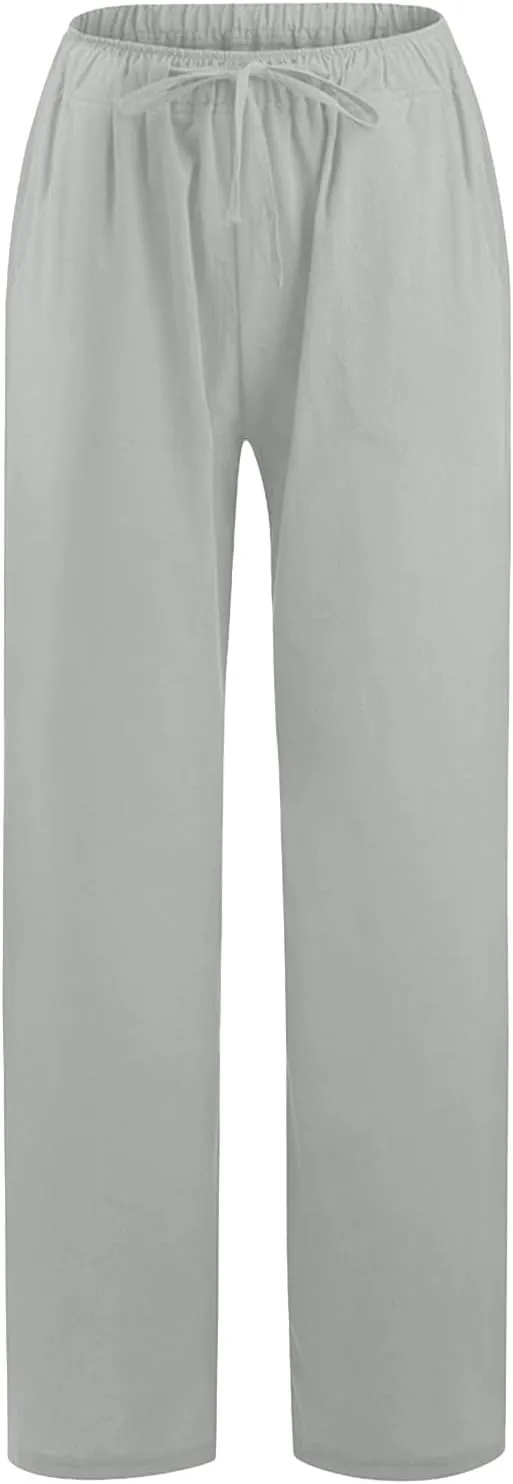 PTOLOCIF Petite Linen Pants for Women Wide Straight Leg Pants Baggy Elastic Waist Pant Summer Loose Fit Trousers with Pockets