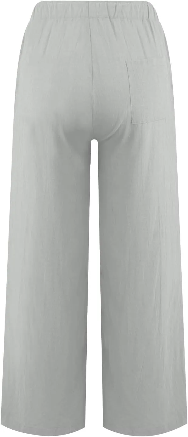 PTOLOCIF Petite Linen Pants for Women Wide Straight Leg Pants Baggy Elastic Waist Pant Summer Loose Fit Trousers with Pockets