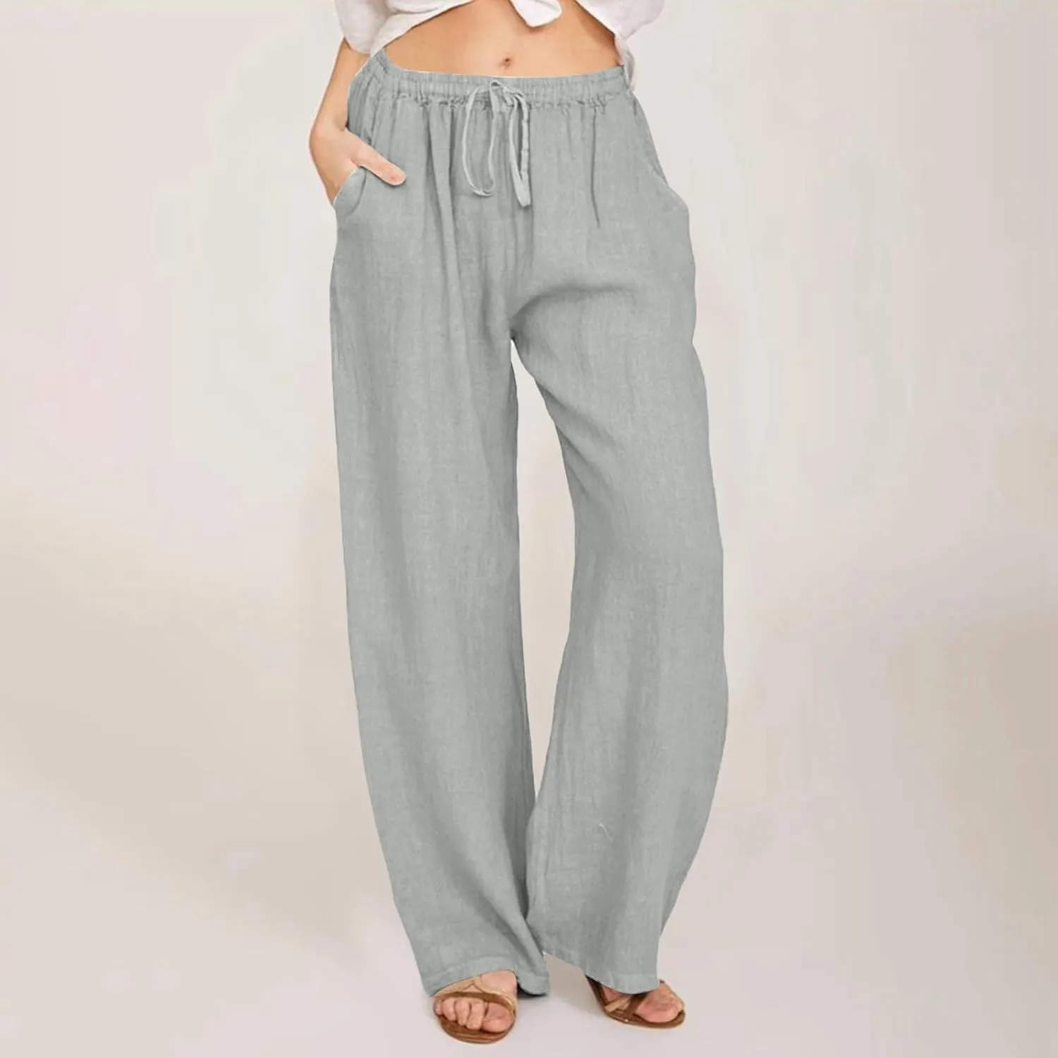 PTOLOCIF Petite Linen Pants for Women Wide Straight Leg Pants Baggy Elastic Waist Pant Summer Loose Fit Trousers with Pockets