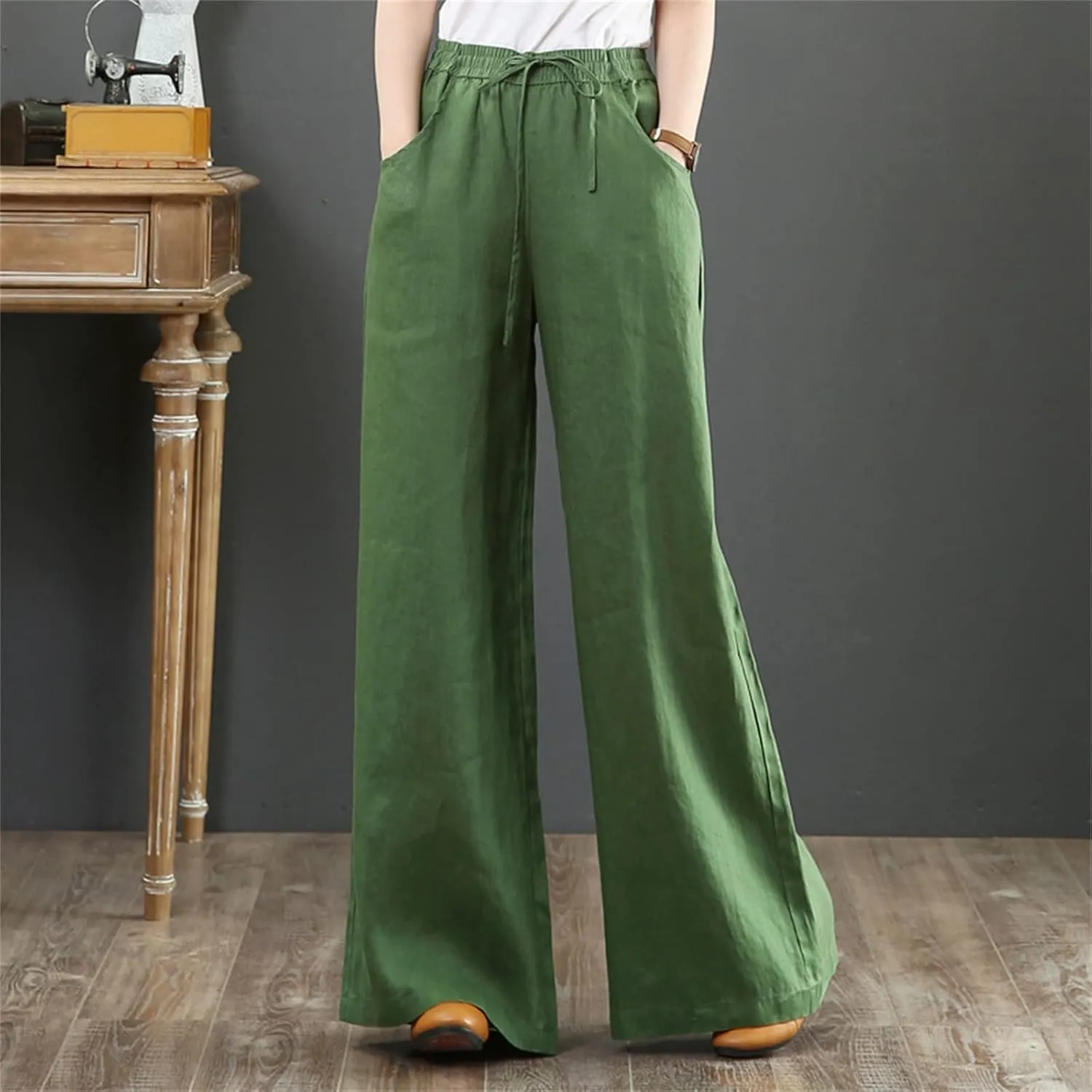 PTOLOCIF Womens Casual Cotton Linen Pants Elastic Waist Wide Leg Palazzo Pants Summer Drawstring Casual Loose Yoga Trousers