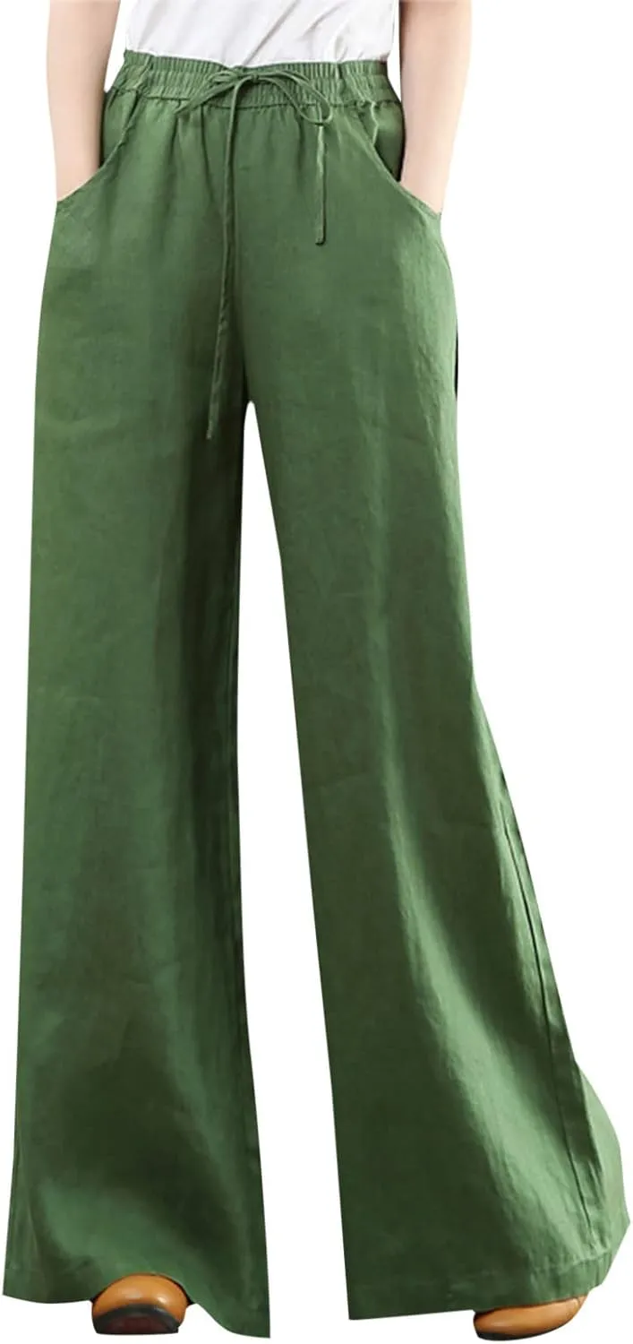 PTOLOCIF Womens Casual Cotton Linen Pants Elastic Waist Wide Leg Palazzo Pants Summer Drawstring Casual Loose Yoga Trousers