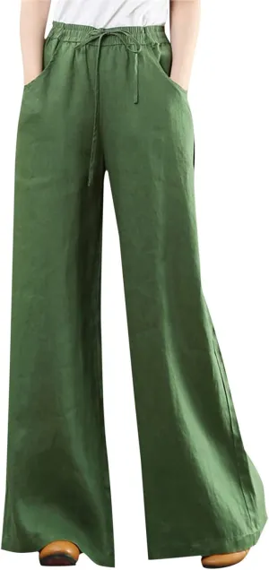 PTOLOCIF Womens Casual Cotton Linen Pants Elastic Waist Wide Leg Palazzo Pants Summer Drawstring Casual Loose Yoga Trousers