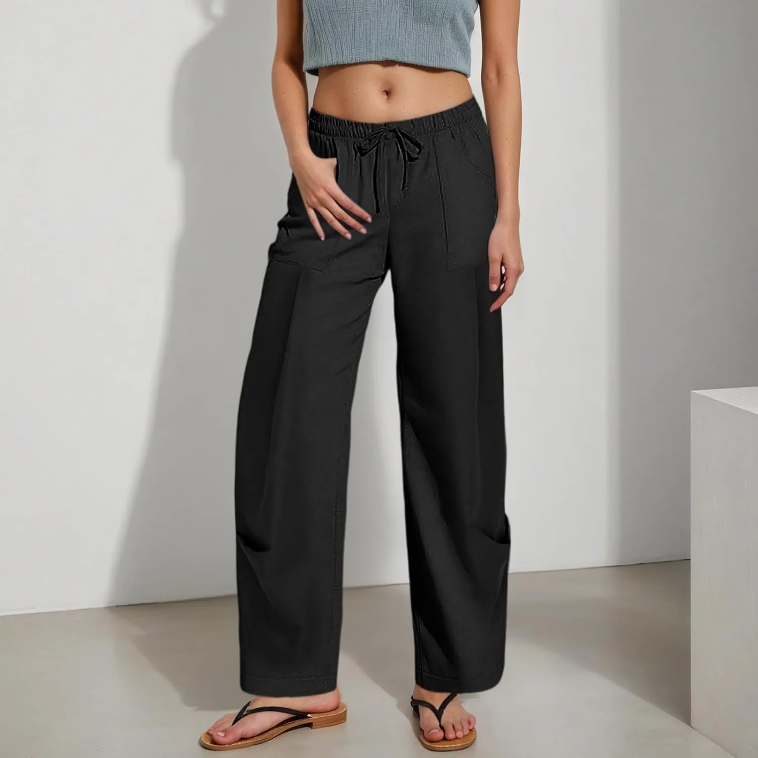 PTOLOCIF Womens Casual Cotton Linen Pants Lightweight Summer Relax Fit Pants Elastic Waist Plus Size Lounge Long Trousers