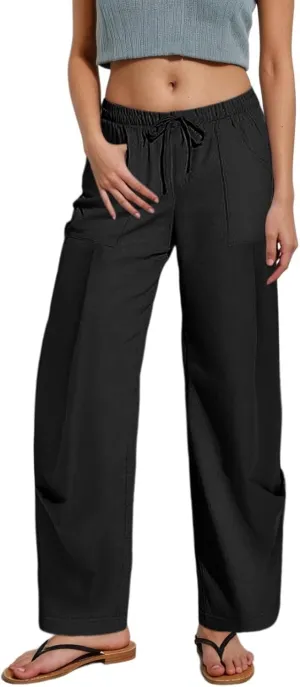 PTOLOCIF Womens Casual Cotton Linen Pants Lightweight Summer Relax Fit Pants Elastic Waist Plus Size Lounge Long Trousers