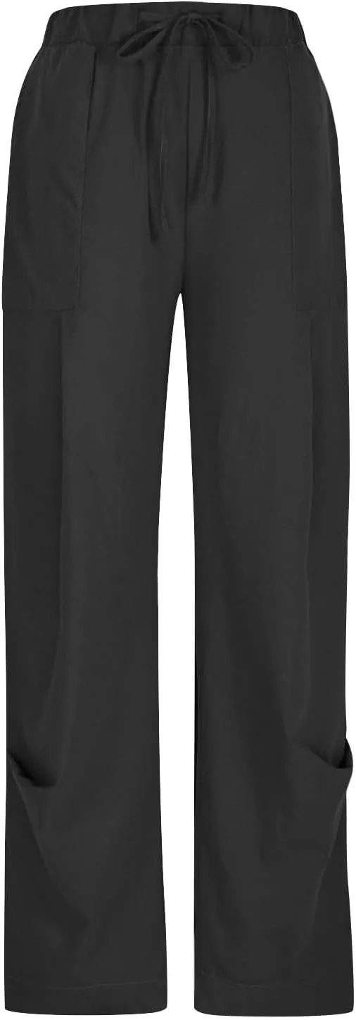 PTOLOCIF Womens Casual Cotton Linen Pants Lightweight Summer Relax Fit Pants Elastic Waist Plus Size Lounge Long Trousers