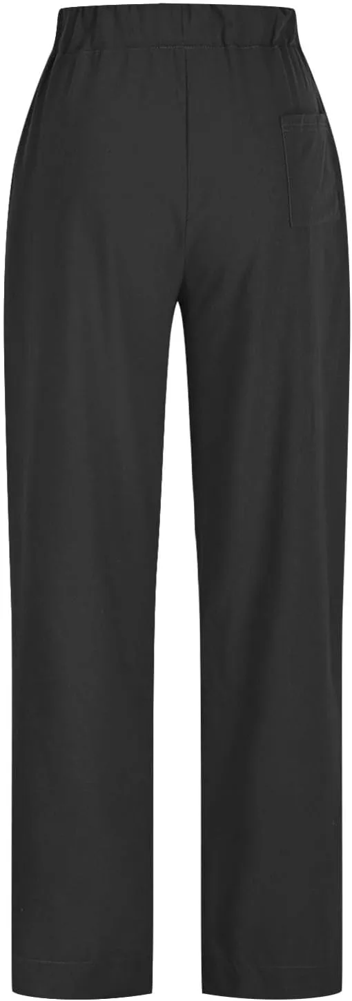 PTOLOCIF Womens Casual Cotton Linen Pants Lightweight Summer Relax Fit Pants Elastic Waist Plus Size Lounge Long Trousers
