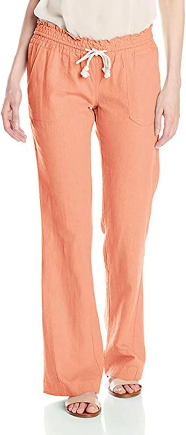 PTOLOCIF Women's Casual Cotton Linen Pants Summer Flowy High Waisted Beach Pants Flowy Wide Leg Palazzo Trousers with Pcokets