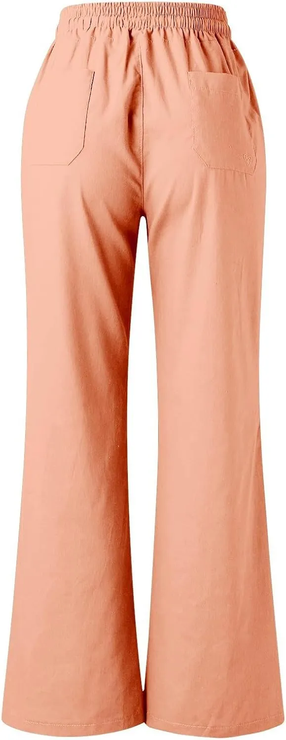 PTOLOCIF Women's Casual Cotton Linen Pants Summer Flowy High Waisted Beach Pants Flowy Wide Leg Palazzo Trousers with Pcokets