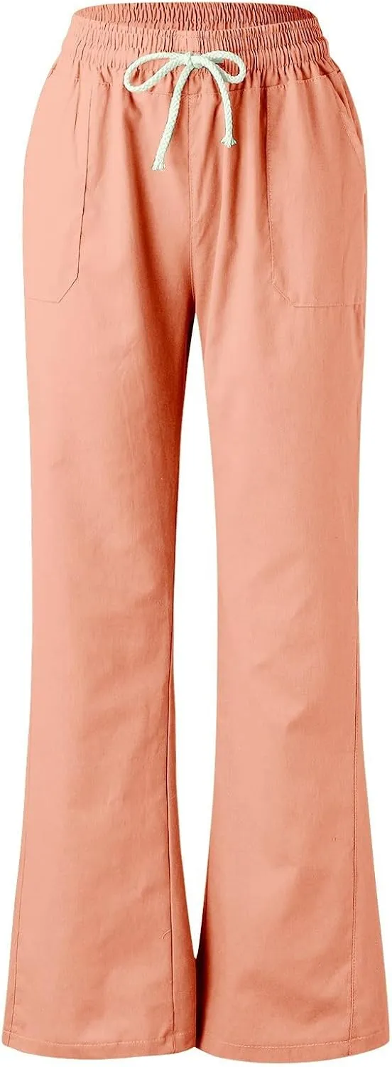 PTOLOCIF Women's Casual Cotton Linen Pants Summer Flowy High Waisted Beach Pants Flowy Wide Leg Palazzo Trousers with Pcokets