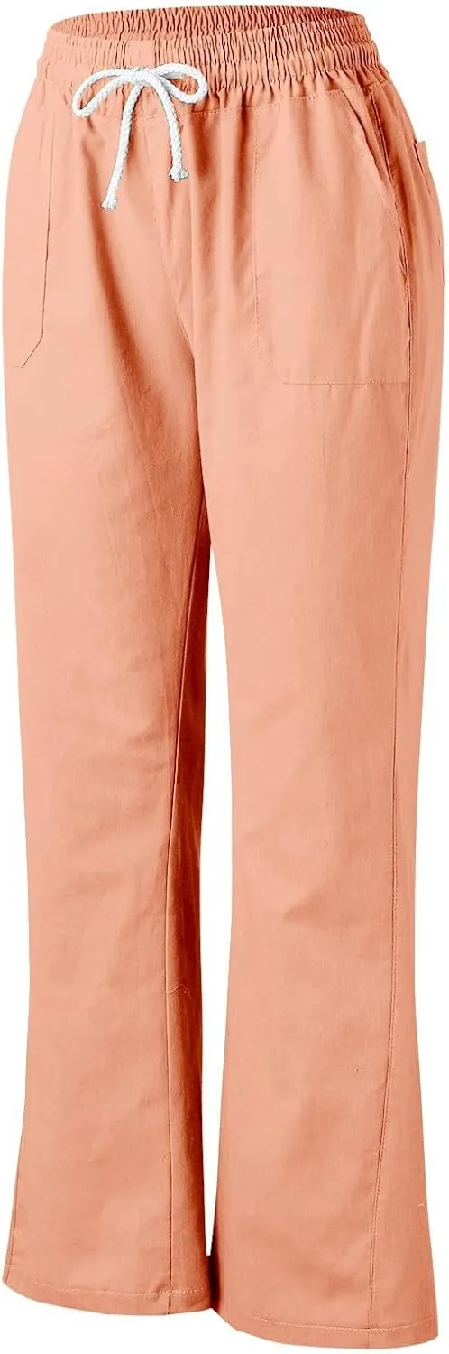 PTOLOCIF Women's Casual Cotton Linen Pants Summer Flowy High Waisted Beach Pants Flowy Wide Leg Palazzo Trousers with Pcokets