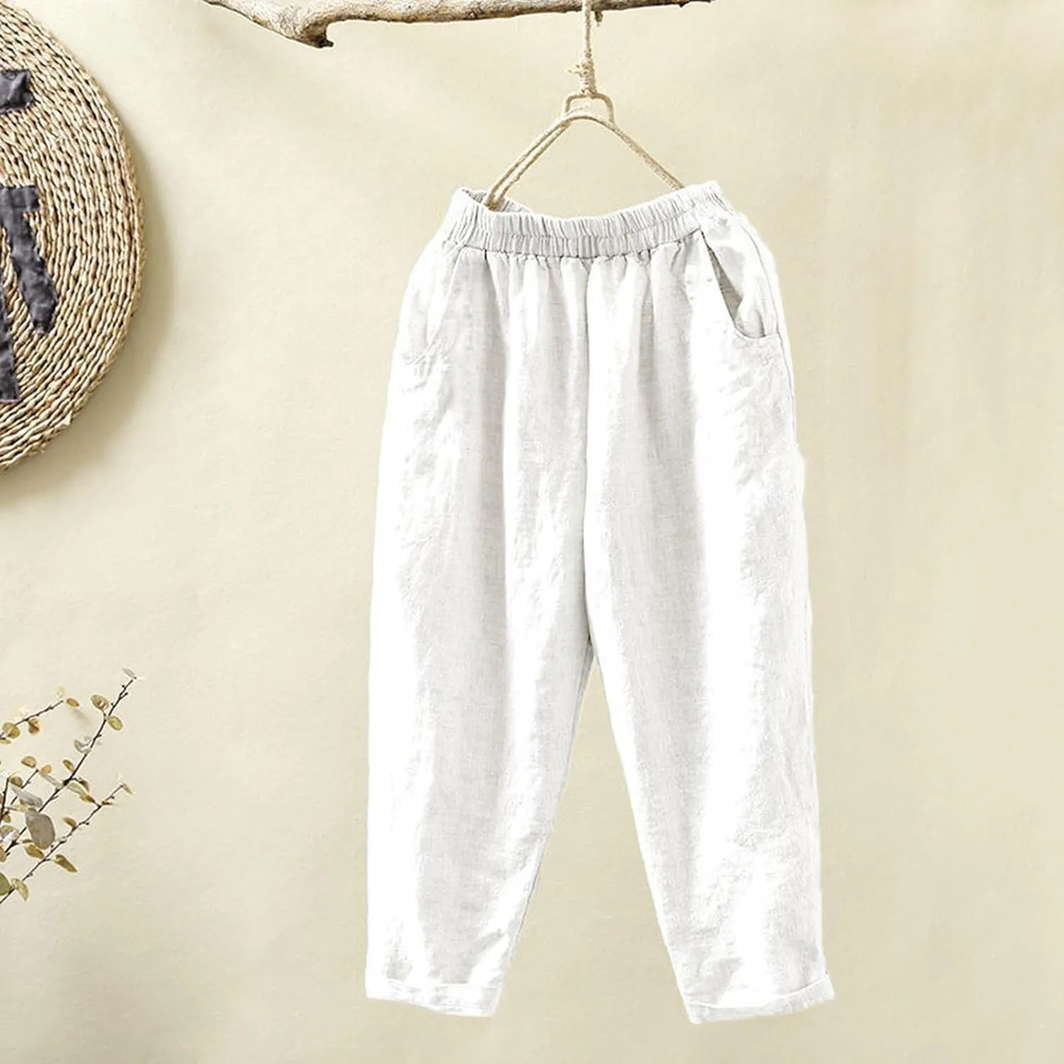 PTOLOCIF Womens Casual Linen Pants Casual High Waist Loose Fit Drawstring Trousers with Pockets Summer Fashion Linen Pants