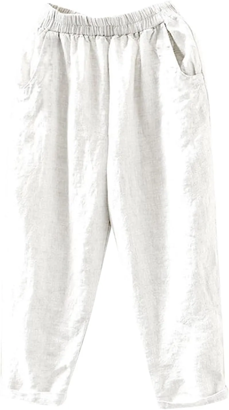 PTOLOCIF Womens Casual Linen Pants Casual High Waist Loose Fit Drawstring Trousers with Pockets Summer Fashion Linen Pants