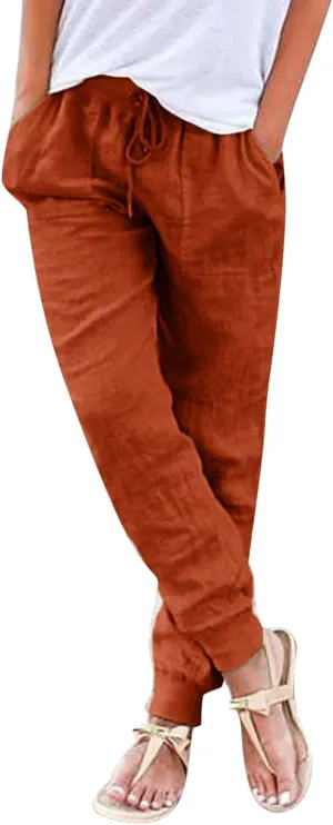 PTOLOCIF Women's Cotton Linen Pants Drawstring Back Elastic Waist Pants High Waist Casual Lounge Trousers with Pockets