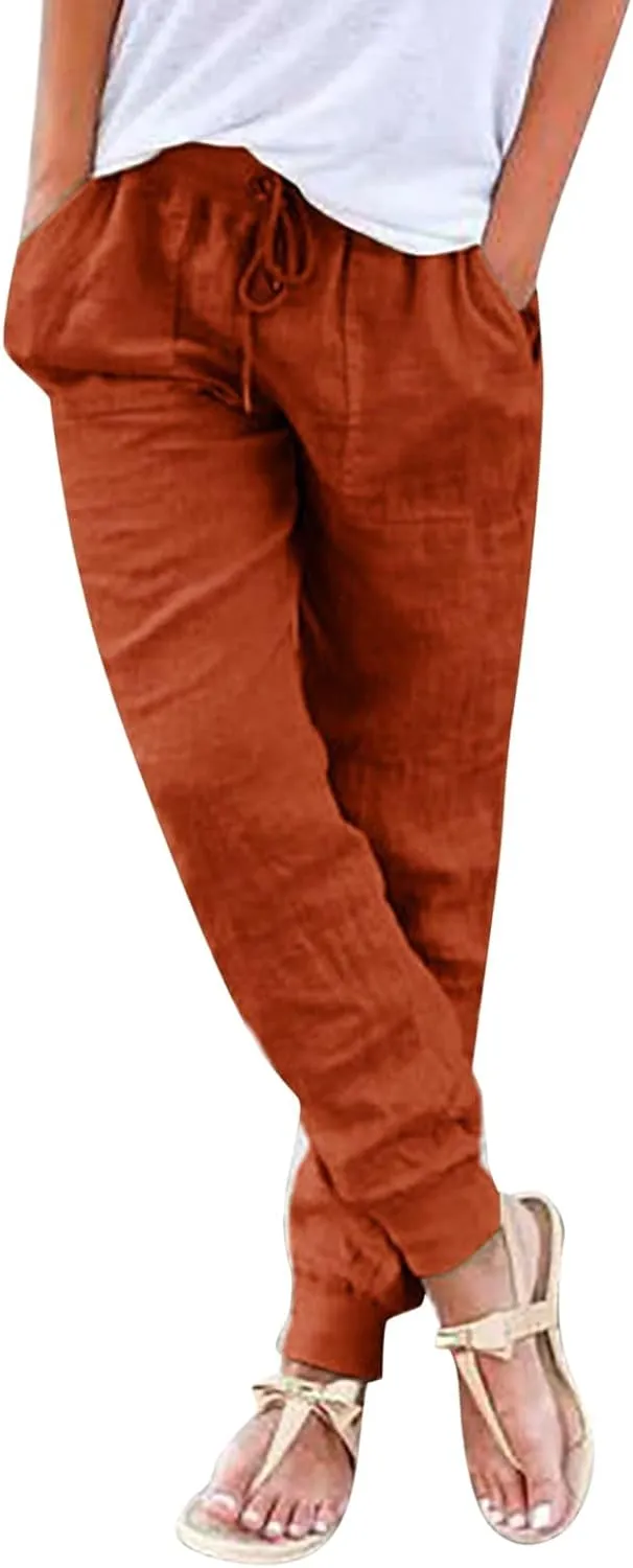 PTOLOCIF Women's Cotton Linen Pants Drawstring Back Elastic Waist Pants High Waist Casual Lounge Trousers with Pockets