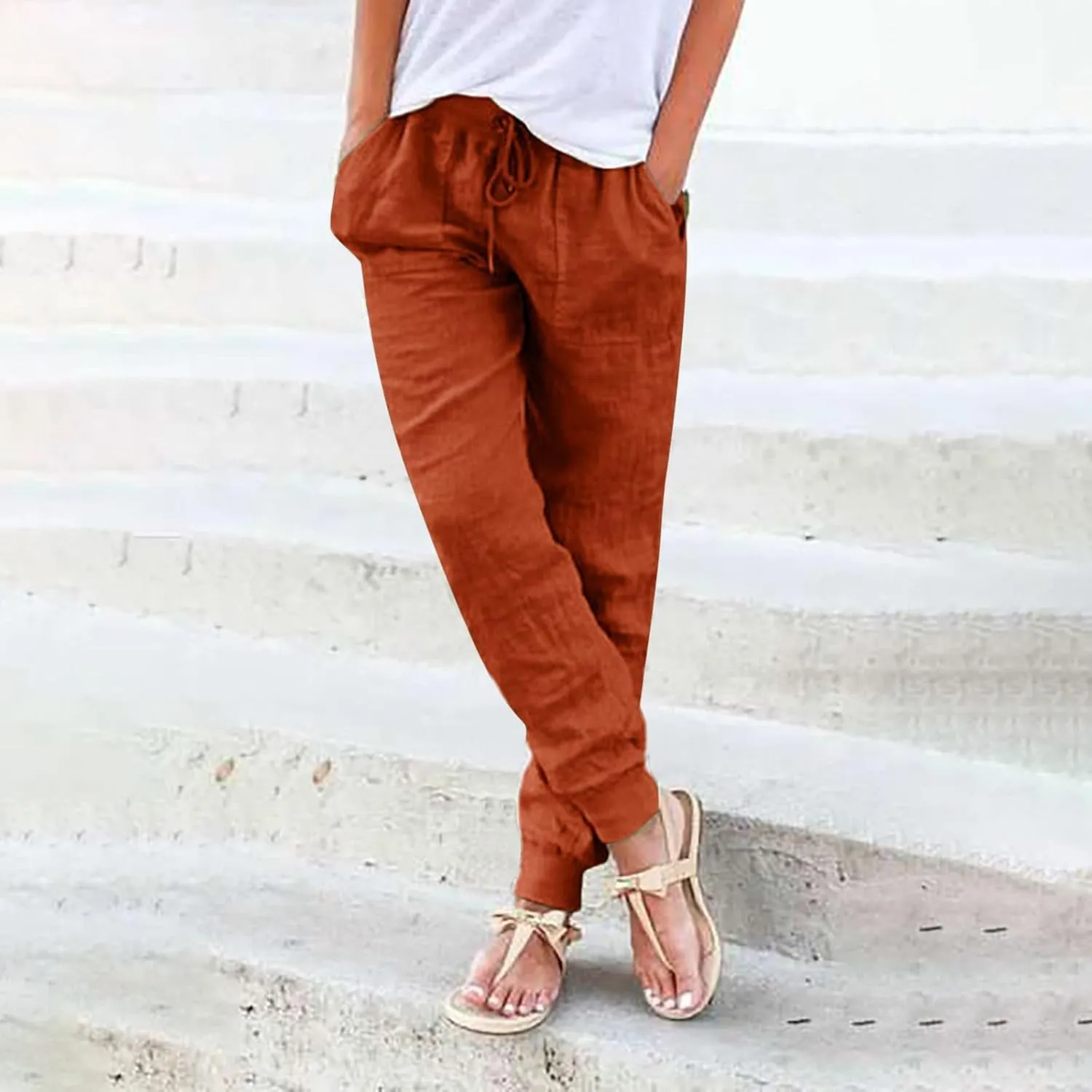 PTOLOCIF Women's Cotton Linen Pants Drawstring Back Elastic Waist Pants High Waist Casual Lounge Trousers with Pockets