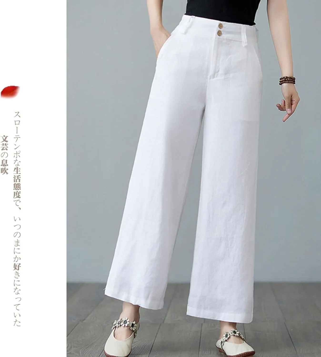 PTOLOCIF Women's Cotton Linen Pants Summer Drawstring Elastic Waist Pants Wide Leg Cropped Lounge Trousers with Pockets