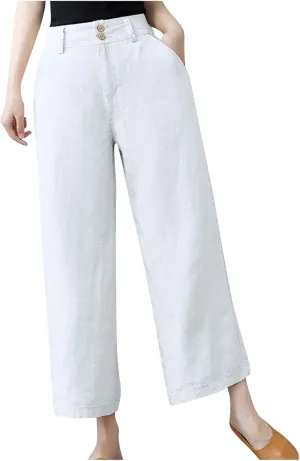 PTOLOCIF Women's Cotton Linen Pants Summer Drawstring Elastic Waist Pants Wide Leg Cropped Lounge Trousers with Pockets