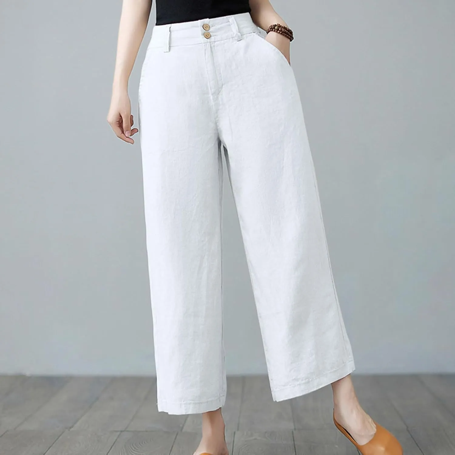 PTOLOCIF Women's Cotton Linen Pants Summer Drawstring Elastic Waist Pants Wide Leg Cropped Lounge Trousers with Pockets