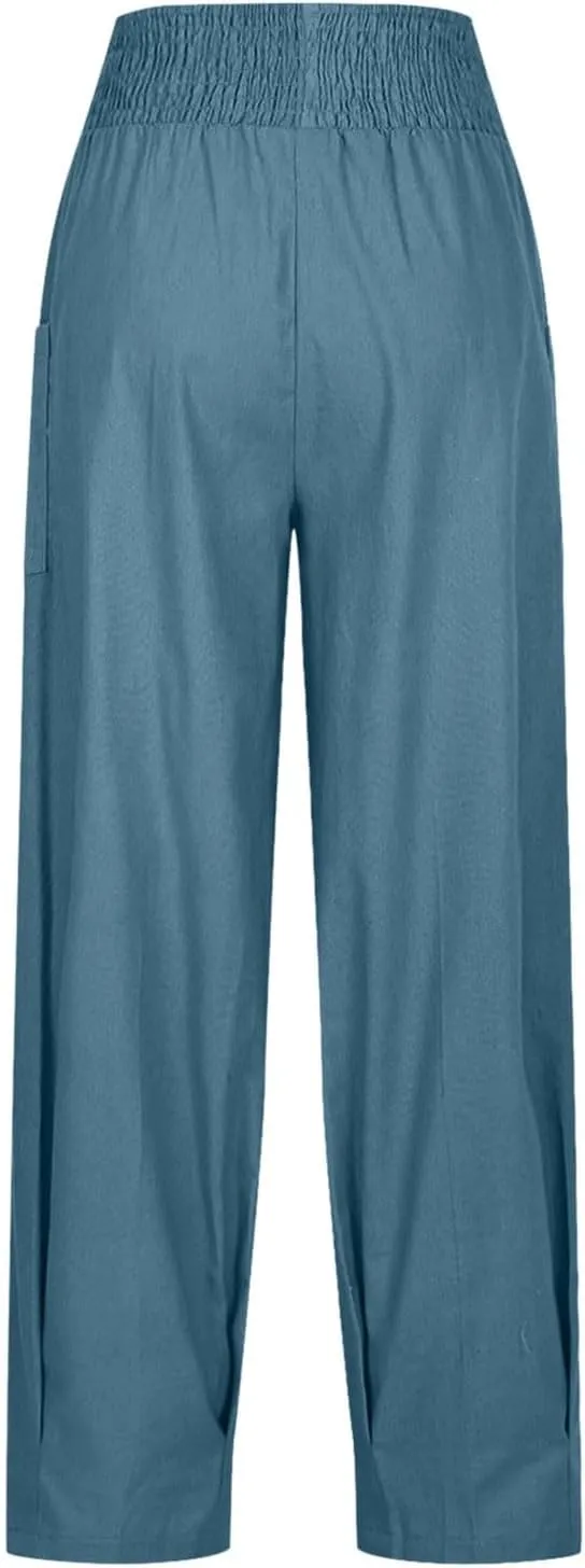 PTOLOCIF Womens Cotton Linen Pants Summer Drawstring Waist Pants Wide Leg Loose Cotton Linen Palazzo Trousers with Pockets