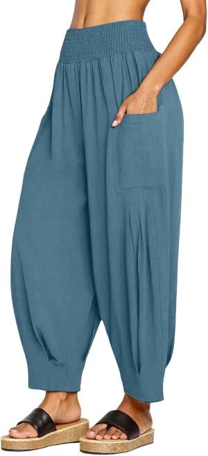 PTOLOCIF Womens Cotton Linen Pants Summer Drawstring Waist Pants Wide Leg Loose Cotton Linen Palazzo Trousers with Pockets