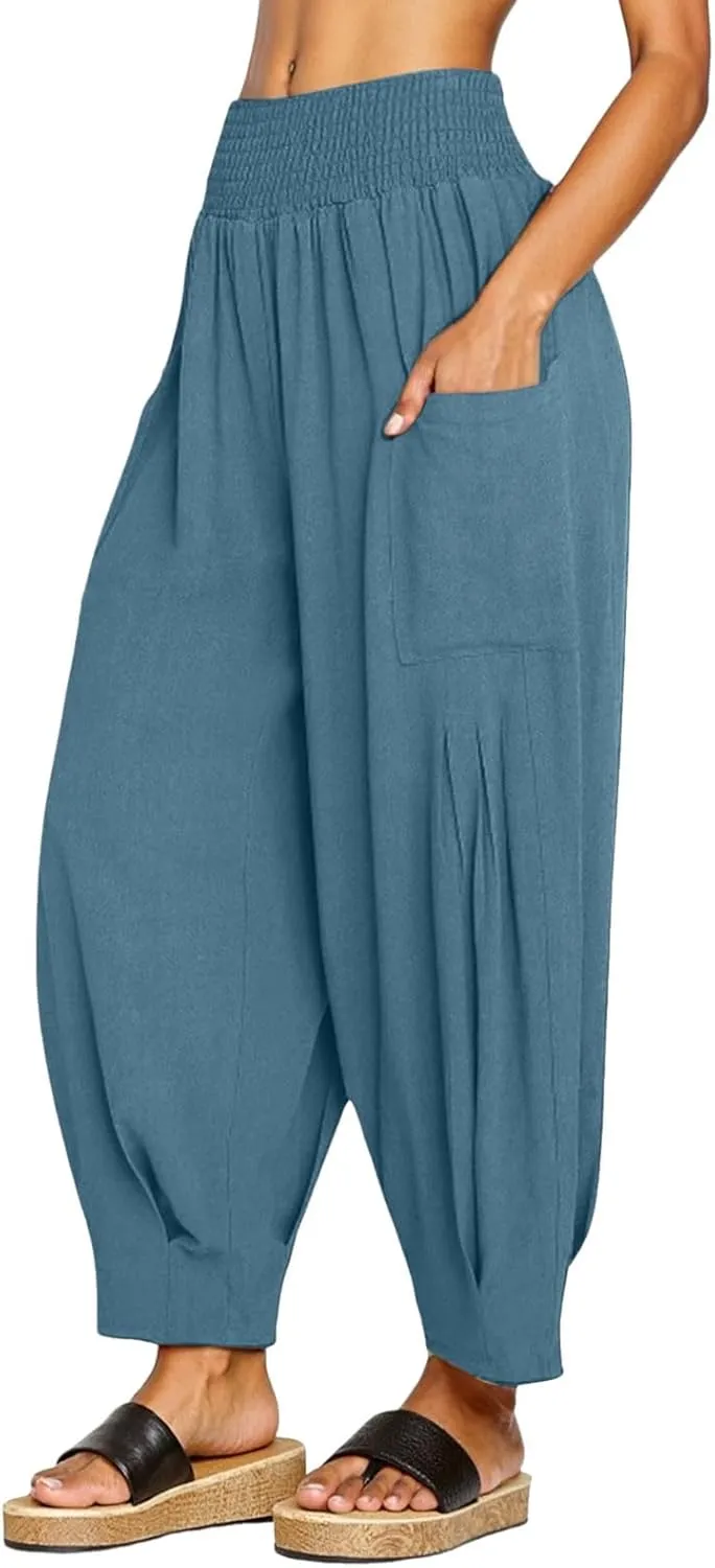 PTOLOCIF Womens Cotton Linen Pants Summer Drawstring Waist Pants Wide Leg Loose Cotton Linen Palazzo Trousers with Pockets