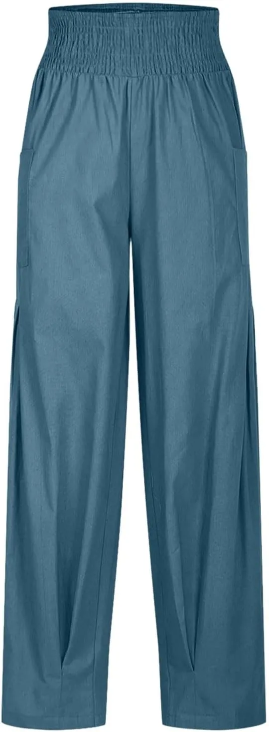 PTOLOCIF Womens Cotton Linen Pants Summer Drawstring Waist Pants Wide Leg Loose Cotton Linen Palazzo Trousers with Pockets