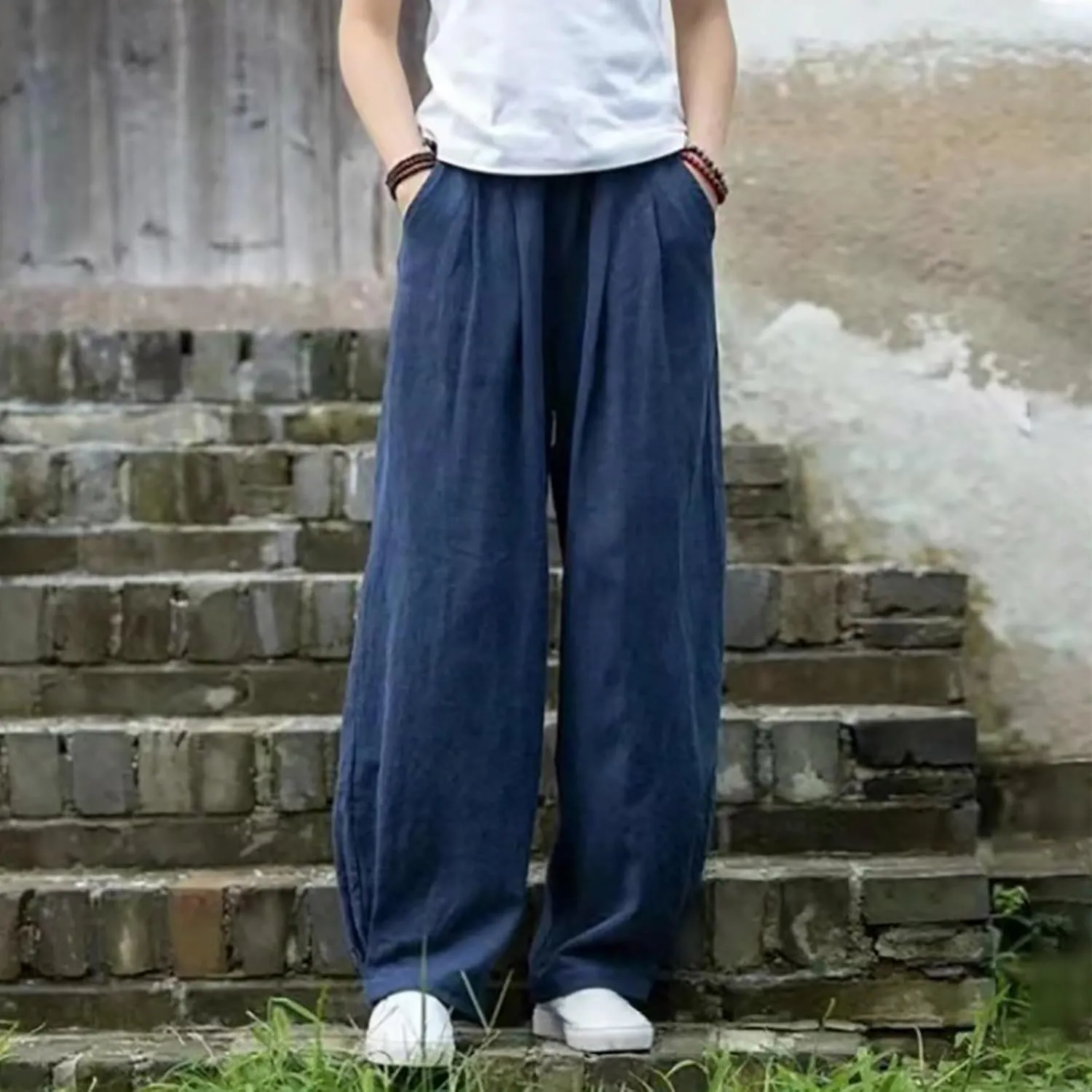 PTOLOCIF Womens Linen Pants Summer Wide Leg Casual Loose Pants High Waist Drawstring Palazzo Capris Trousers with Pockets