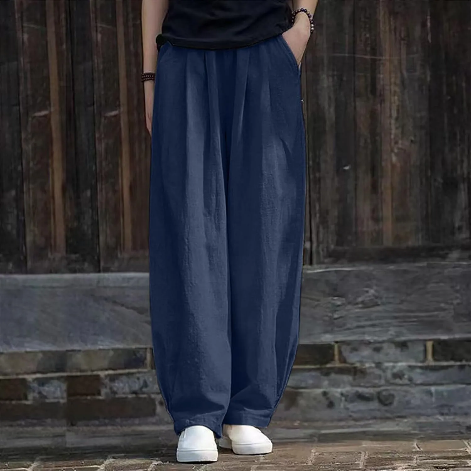 PTOLOCIF Womens Linen Pants Summer Wide Leg Casual Loose Pants High Waist Drawstring Palazzo Capris Trousers with Pockets