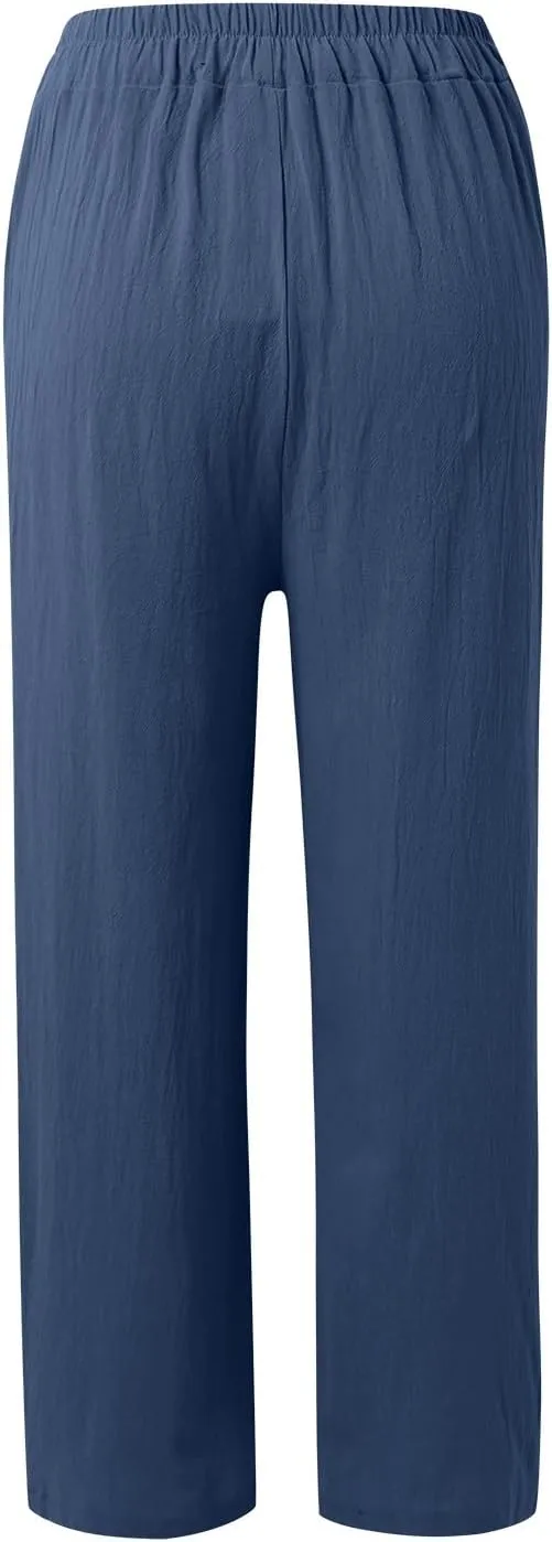 PTOLOCIF Womens Linen Pants Summer Wide Leg Casual Loose Pants High Waist Drawstring Palazzo Capris Trousers with Pockets