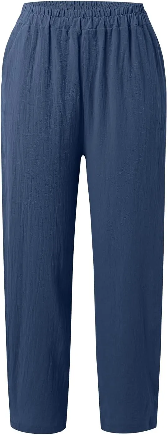 PTOLOCIF Womens Linen Pants Summer Wide Leg Casual Loose Pants High Waist Drawstring Palazzo Capris Trousers with Pockets