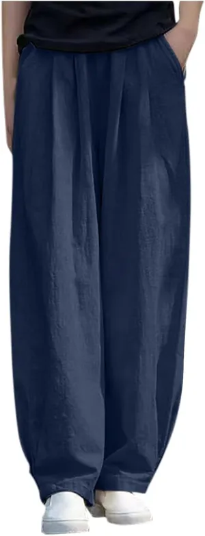 PTOLOCIF Womens Linen Pants Summer Wide Leg Casual Loose Pants High Waist Drawstring Palazzo Capris Trousers with Pockets