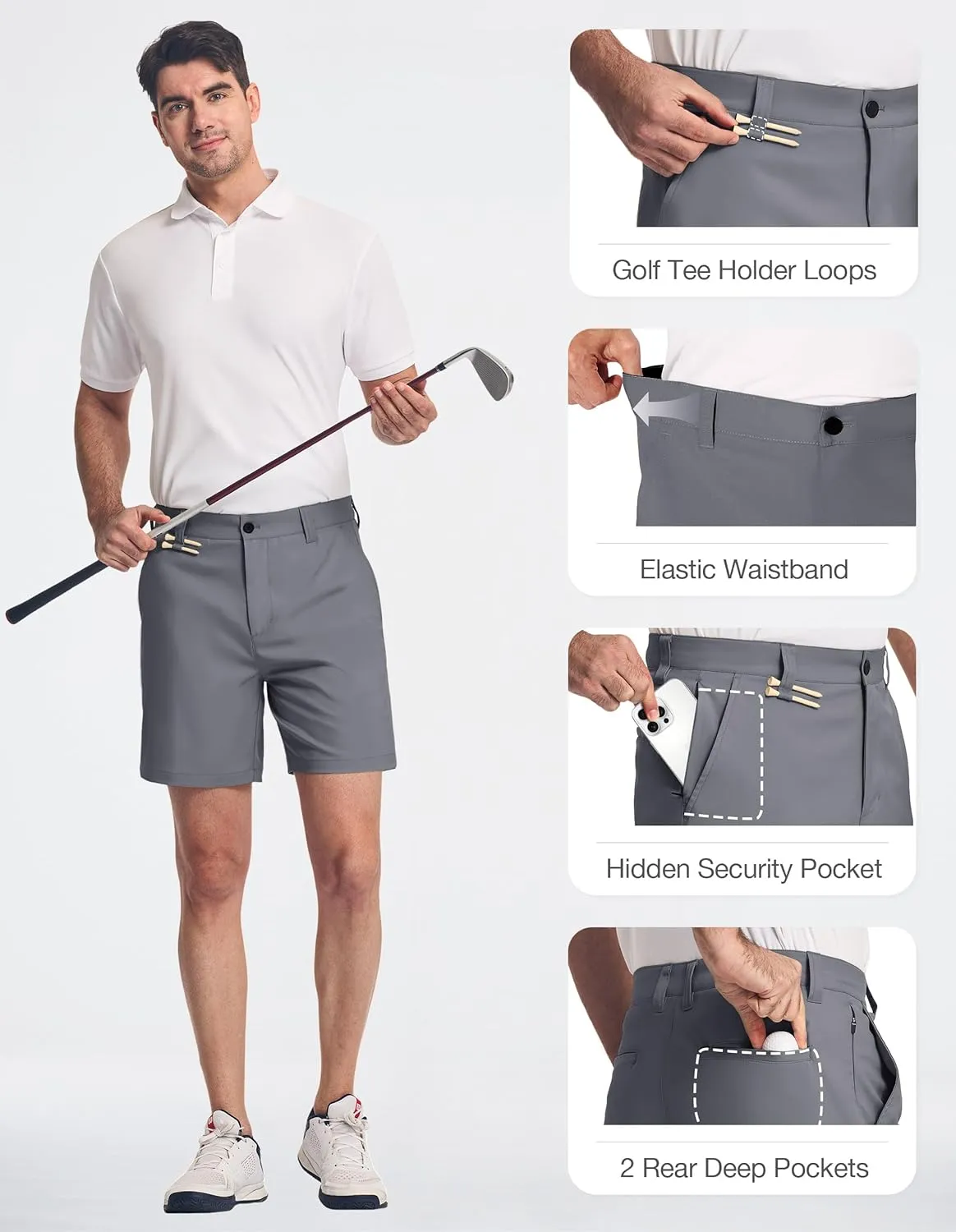 PULI Men's 7 Inch Golf Dress Shorts Lightweight Flat Front with Golf Tee Holder Belt Loops for Casual Hiking Business Travel