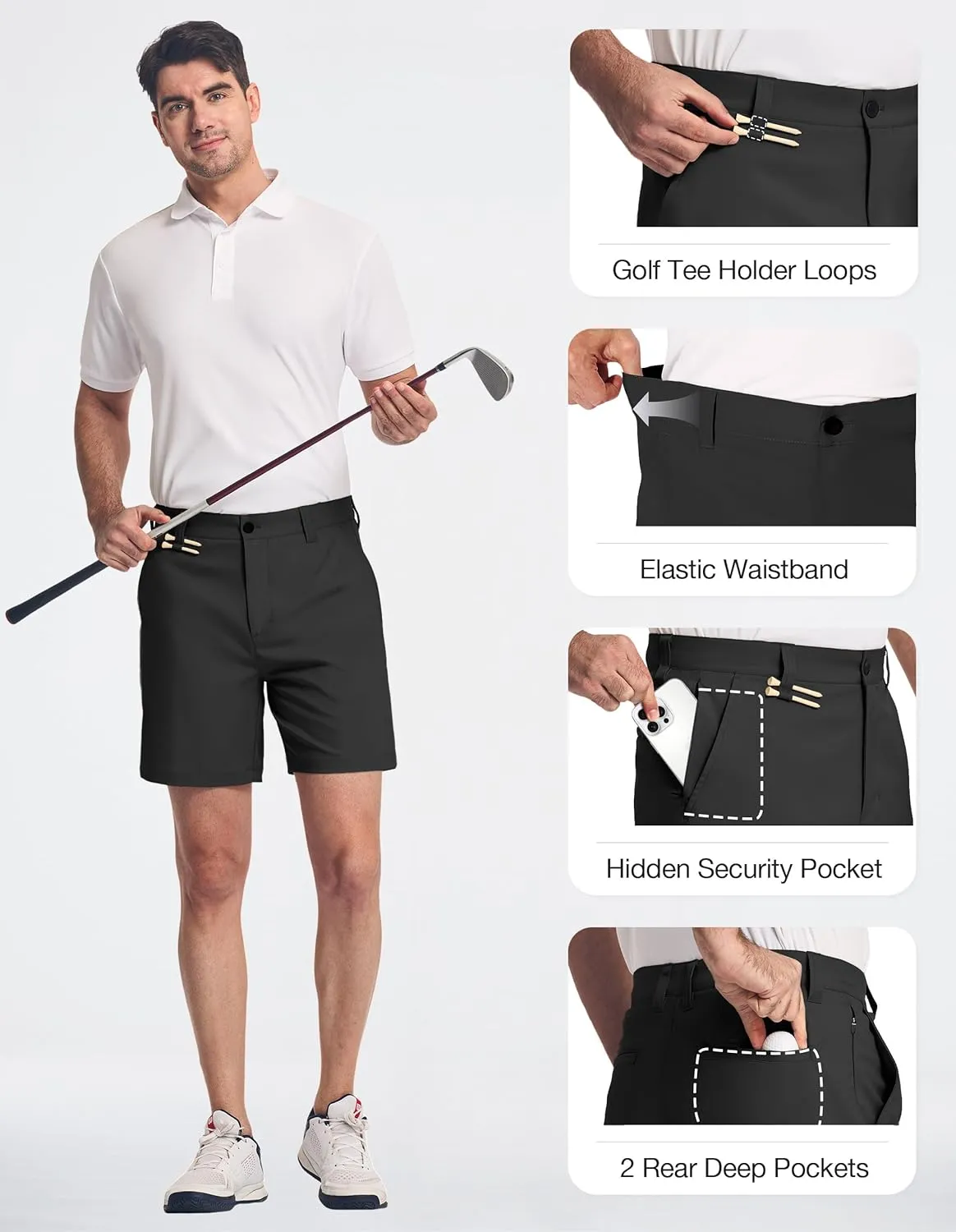 PULI Men's 7 Inch Golf Dress Shorts Lightweight Flat Front with Golf Tee Holder Belt Loops for Casual Hiking Business Travel