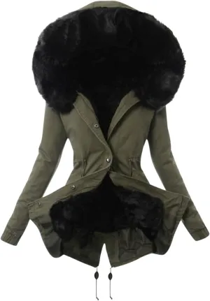 Qeaghou Fleece Lined Winter Coats for Women Warm Trench Coat Furry Windbreaker Ski Jacket Fuzzy Solid Jacket with Hood