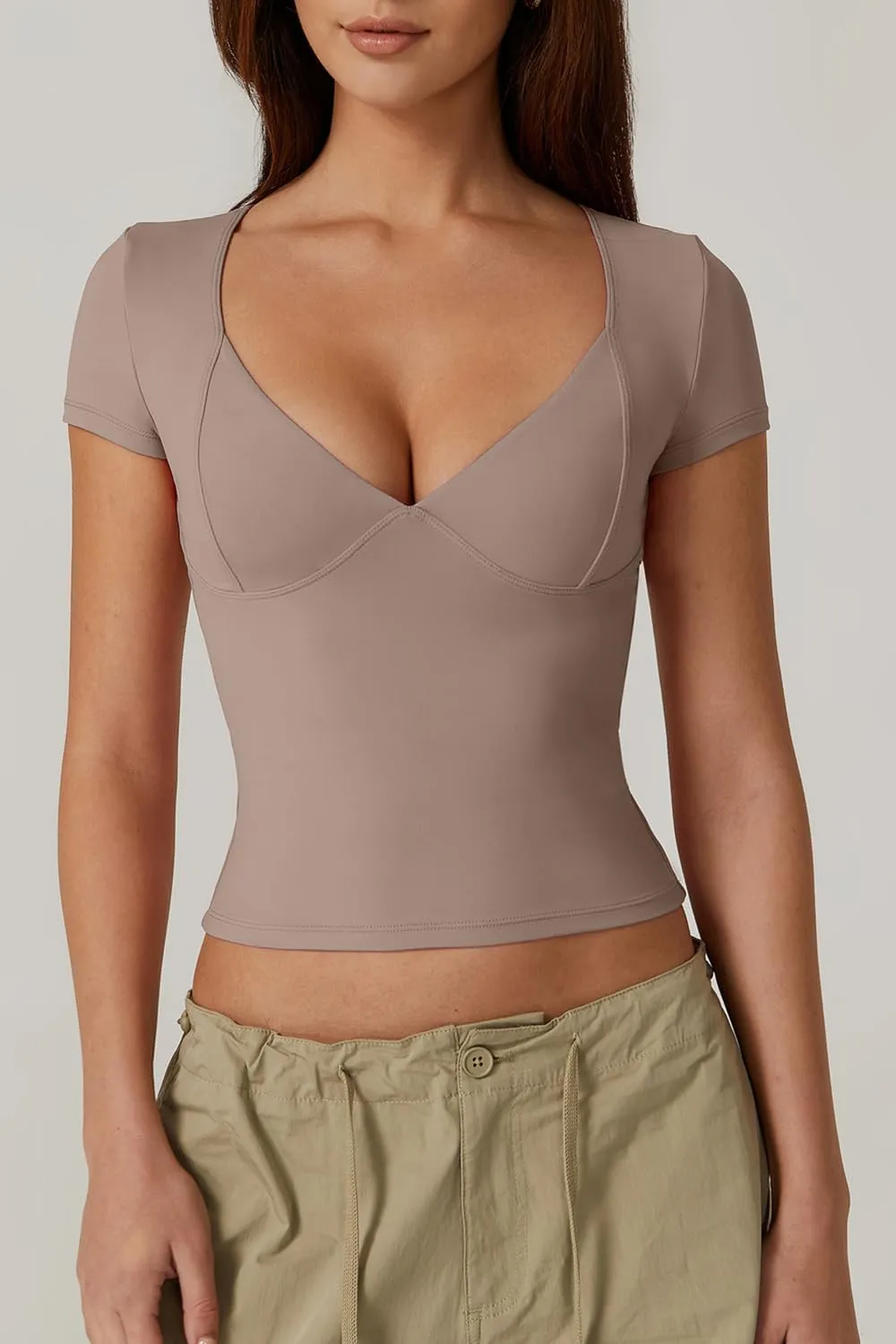 QINSEN Women's V Neck Short Sleeve T Shirts Double Lined Tee Seamed Cup Going Out Tops