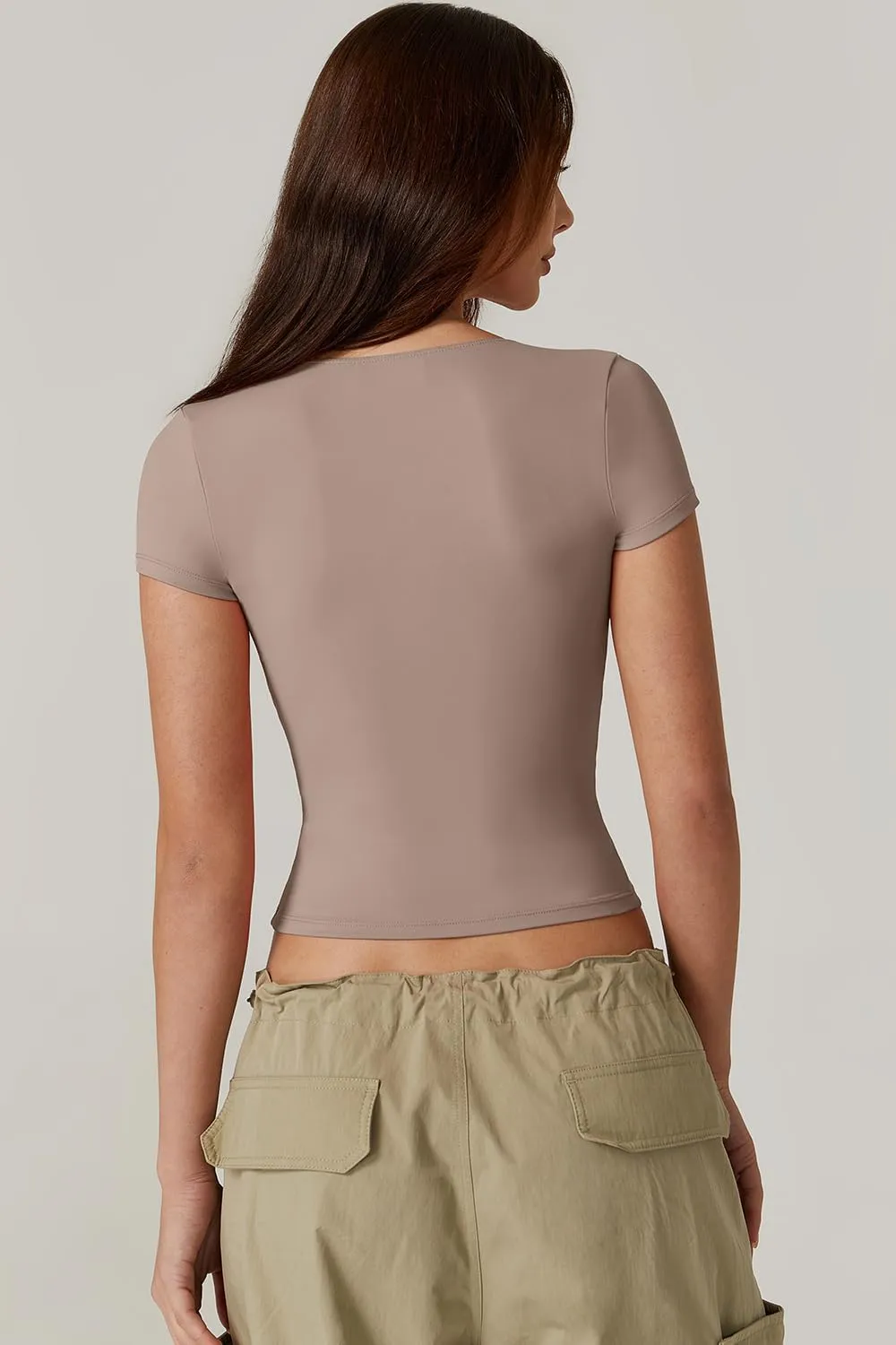 QINSEN Women's V Neck Short Sleeve T Shirts Double Lined Tee Seamed Cup Going Out Tops