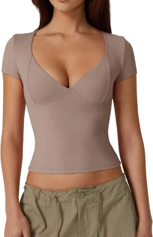 QINSEN Women's V Neck Short Sleeve T Shirts Double Lined Tee Seamed Cup Going Out Tops