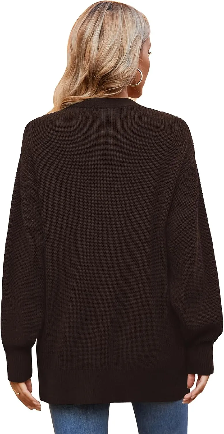 QUALFORT Women's 100% Cotton Cardigans for Women Lantern Sleeve Oversized Sweater with Pockets