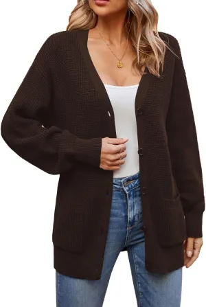 QUALFORT Women's 100% Cotton Cardigans for Women Lantern Sleeve Oversized Sweater with Pockets