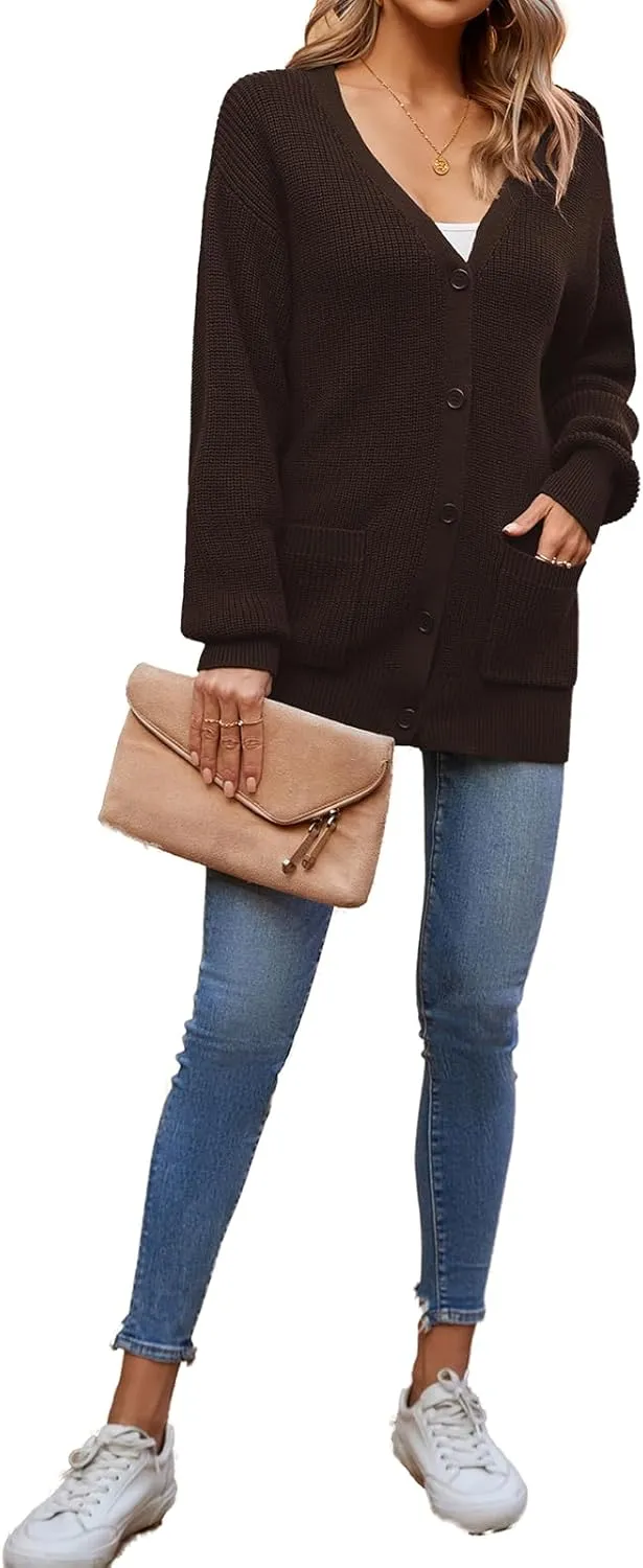 QUALFORT Women's 100% Cotton Cardigans for Women Lantern Sleeve Oversized Sweater with Pockets