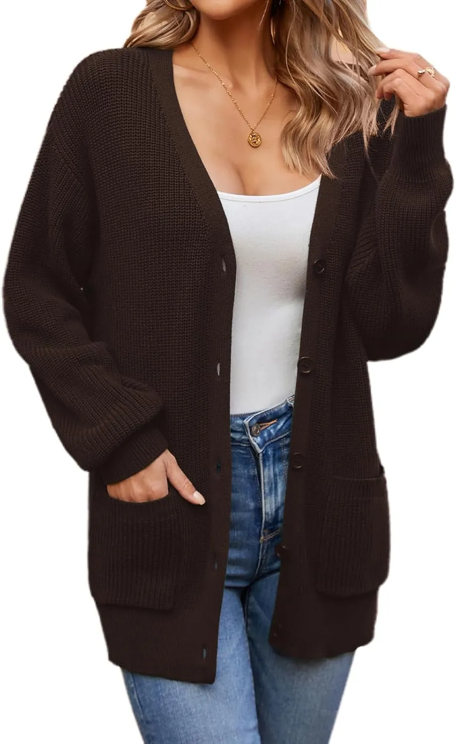 QUALFORT Women's 100% Cotton Cardigans for Women Lantern Sleeve Oversized Sweater with Pockets