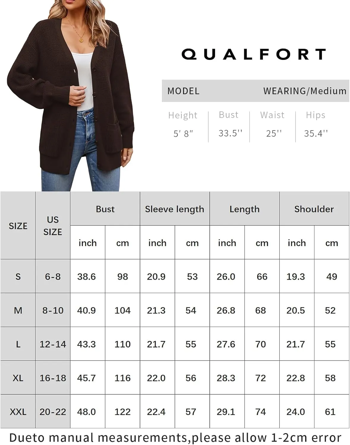 QUALFORT Women's 100% Cotton Cardigans for Women Lantern Sleeve Oversized Sweater with Pockets