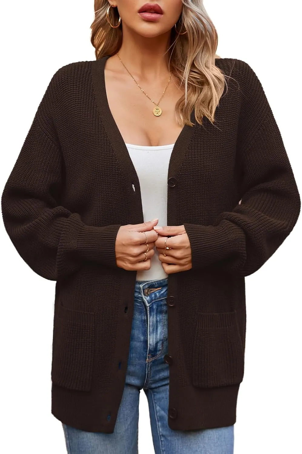 QUALFORT Women's 100% Cotton Cardigans for Women Lantern Sleeve Oversized Sweater with Pockets
