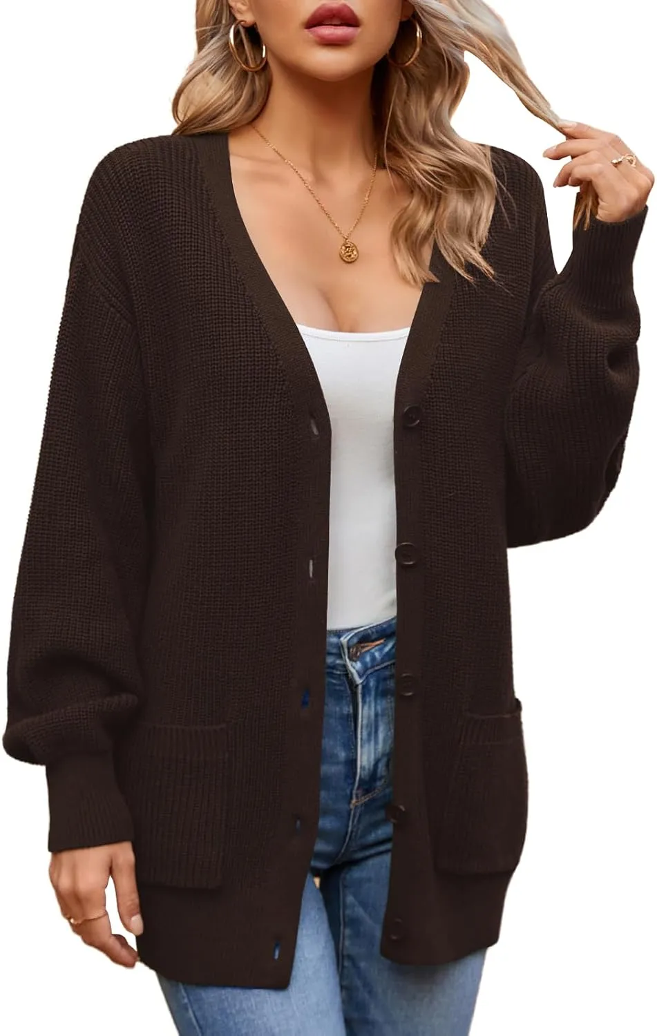 QUALFORT Women's 100% Cotton Cardigans for Women Lantern Sleeve Oversized Sweater with Pockets