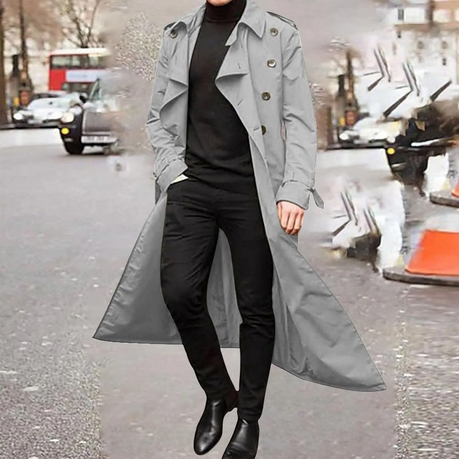 QWENTMTNTY Mens Long Trench Coat Double Breasted Belted Trench Coat Oversized Jacket Casual Business Windbreaker Overcoats