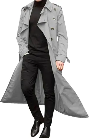 QWENTMTNTY Mens Long Trench Coat Double Breasted Belted Trench Coat Oversized Jacket Casual Business Windbreaker Overcoats