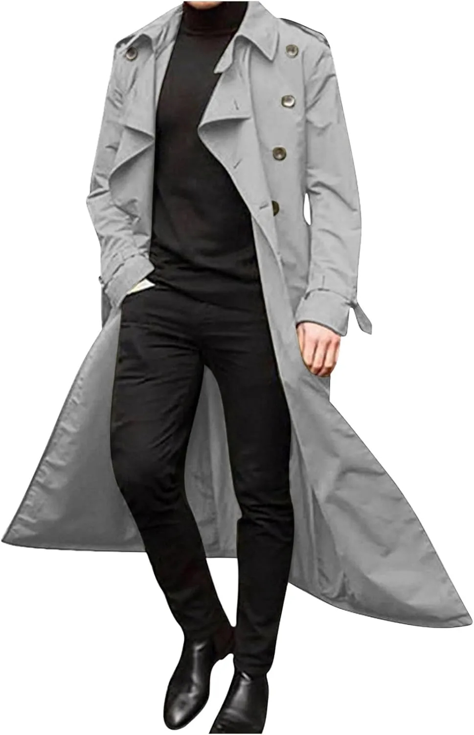 QWENTMTNTY Mens Long Trench Coat Double Breasted Belted Trench Coat Oversized Jacket Casual Business Windbreaker Overcoats