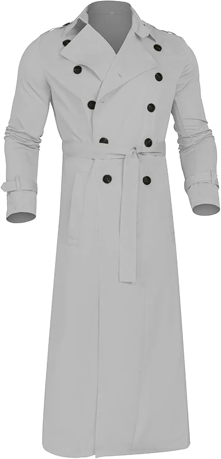 QWENTMTNTY Mens Long Trench Coat Double Breasted Belted Trench Coat Oversized Jacket Casual Business Windbreaker Overcoats