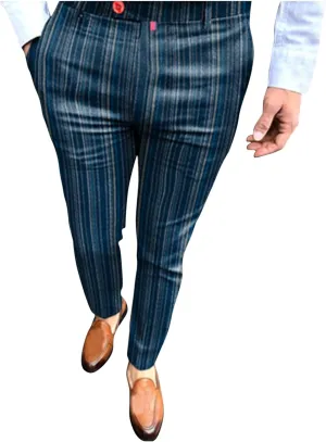 QWENTMTNTY Mens Striped Slim Fit Dress Pants Stretch Wrinkle Free Chino Pants Business Casual Straight Leg Tapered Pants Blue
