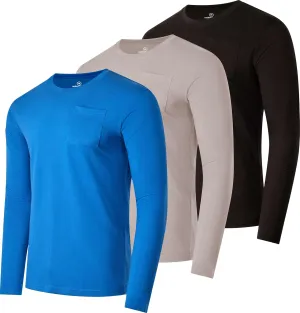 Real Essentials 3 Pack: Men's Cotton Performance Long Sleeve Crew Neck Pocket T-Shirt Athletic Top (Available in Big & Tall)